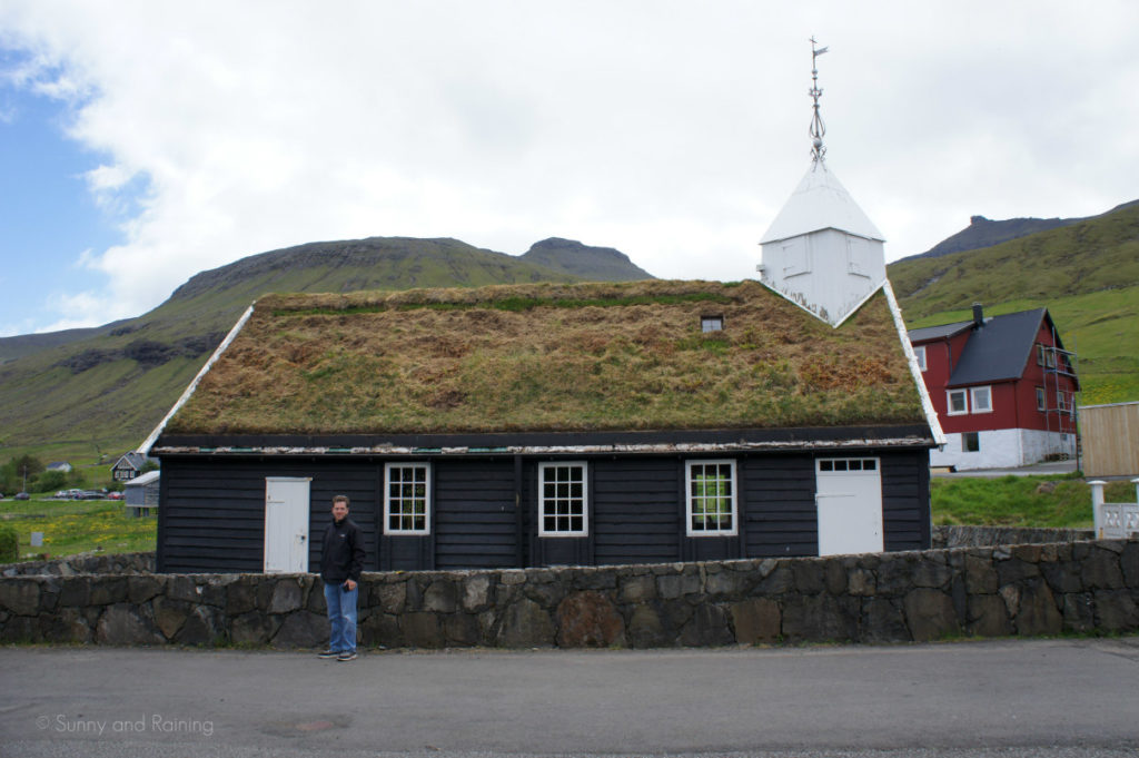 A church with a grass roof in the Faroe Islands.